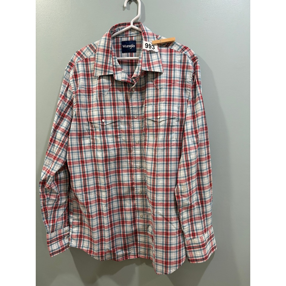Wrangler Mens Red White Blue Plaid Western Snap Shirt Large 112330369